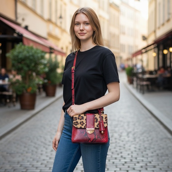 Vittoria Napoli Handbags - Red Snakeskin and Leopard Calf Hair Crossbody Satchel Bag with Gold Hardware